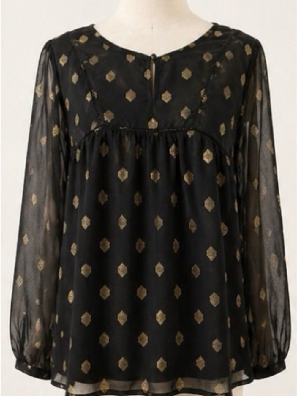NWT Lucky Brand Love N Love Sheer Black Gold Print Boho Blouse XL